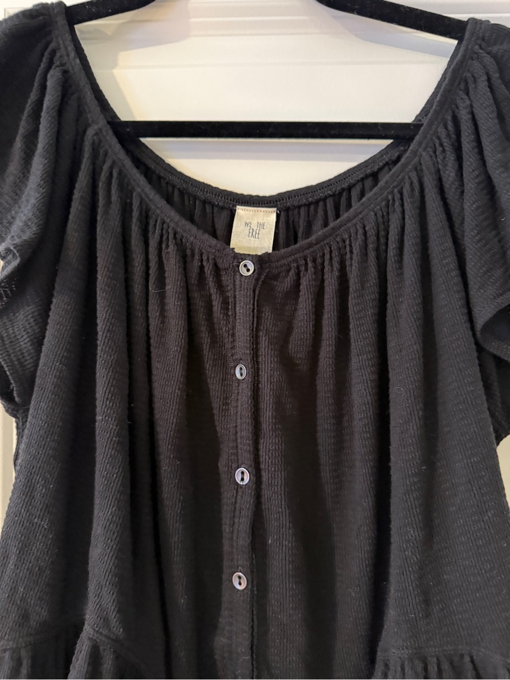 Black Ruffle Button-Front Women's Top - Picture 2 of 6